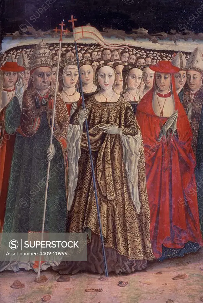 'Santa Úrsula con las once mil vírgenes', ca. 1490, Tempera on panel, 112 x 79 cm, P01293. Author: MAESTRO DE LAS ONCE MIL VIRGENES (S. XV). Location: MUSEO DEL PRADO-PINTURA. MADRID. SPAIN.