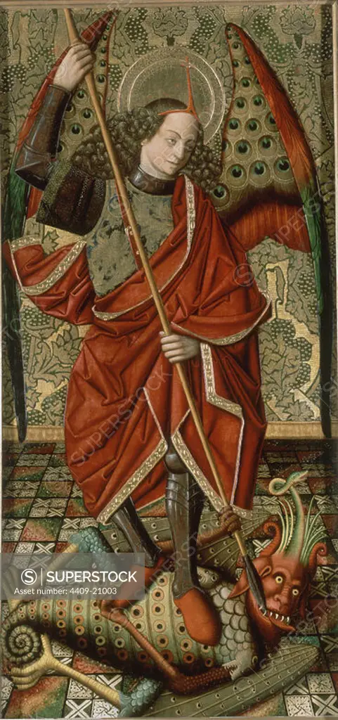 'Saint Michael', 1475-1485, Mixed media on panel, 140 cm x 75 cm, P06895. Author: MIGUEL XIMENEZ. Location: MUSEO DEL PRADO-PINTURA. MADRID. SPAIN.
