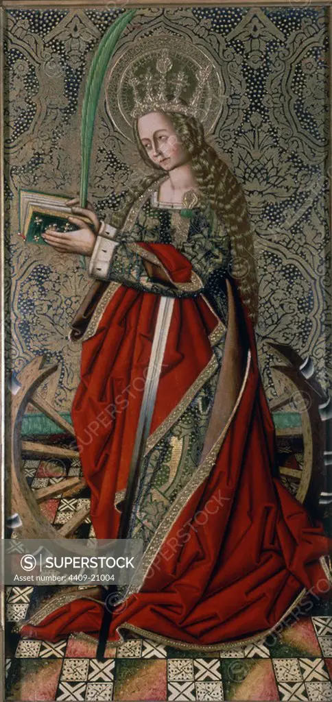 'Saint Catherine', 1475-1585, Mixed media on panel, 140 cm x 75 cm, P06894. Author: MIGUEL XIMENEZ. Location: MUSEO DEL PRADO-PINTURA. MADRID. SPAIN. SANTA CATALINA DE ALEJANDRIA SIGLO IV.