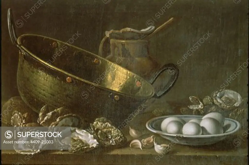 Still life: Oysters, eggs and a pan. Bodegón: Ostras, huevos y un perol. 41x62. 18th century. Baroque style. Madrid, Prado museum. Author: MELENDEZ, LUIS. Location: MUSEO DEL PRADO-PINTURA, MADRID, SPAIN.