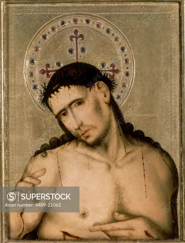 'Cristo Varón de Dolores (Ecce homo)', ca. 1500, Oil on panel, 40,3 cm x 30,3 cm, P07289. Author: SANCHEZ DE SAN ROMAN JUAN. Location: MUSEO DEL PRADO-PINTURA. MADRID. SPAIN. JESUS. ECCE HOMO. CRISTO DE LOS DOLORES.