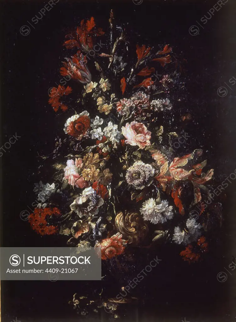 'Vase of Flowers', 17th century, Spanish Baroque, Oil on canvas, 103 cm x 77 cm, P00595. Author: Juan de Arellano. Location: MUSEO DEL PRADO-PINTURA. MADRID. SPAIN.
