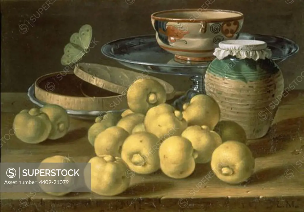 Still life with quinces, a silver fruit dish, bowls. a box for sweets and a butterfly - 18th century - 35x48cm - oil on canvas - Spanish Baroque - NP 925. Author: MELENDEZ, LUIS. Location: MUSEO DEL PRADO-PINTURA, MADRID, SPAIN. Also known as: BODEGON: LIMAS, CAJA DE DULCE Y RECIPIENTES; NATURE MORTE AVEC COINGS, BOL SUR UN PRESENTOIR A FRUITS EN ARGENT, PAPILLON ET BOITE A CONFISERIE;.
