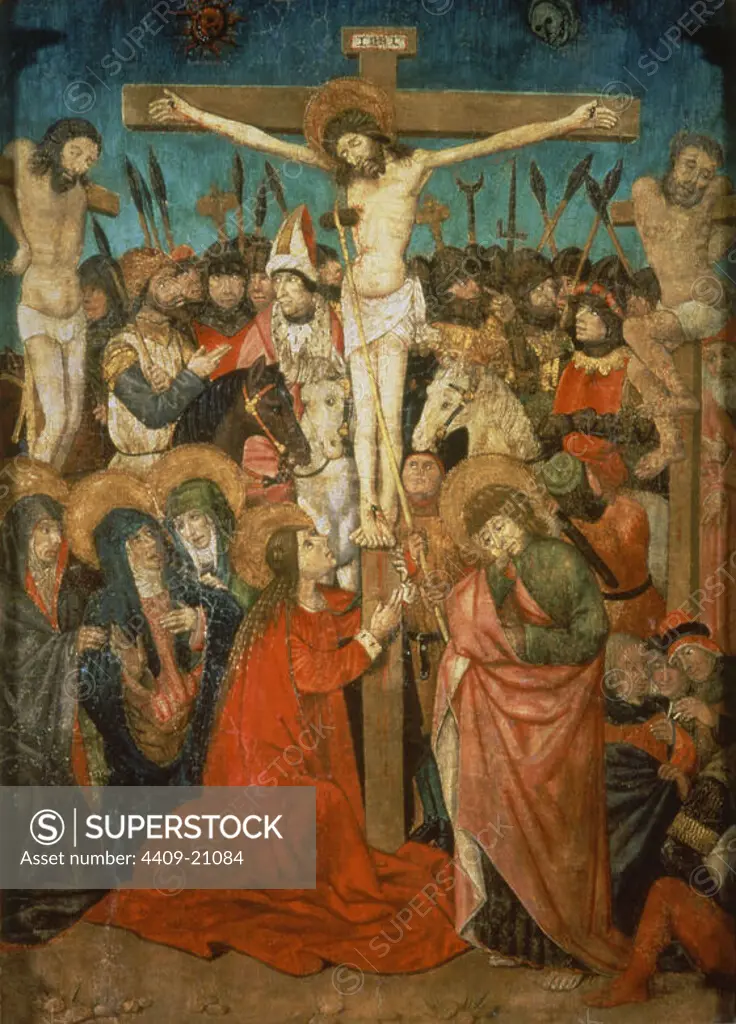 LA CRUCIFIXION - SIGLO XV/XVI - TEMPLE/TABLA - 88 x 63 cm - NP 2680 - GOTICO CATALAN. Author: ESPALARGUES PERE SIGLO XV / XVI. Location: MUSEO DEL PRADO-PINTURA. MADRID. SPAIN. VIRGIN MARY. CRISTO CRUCIFICADO. SAN JUAN EVANGELISTA Y APOSTOL. TRES MARIAS. BUEN LADRON. MAL LADRON.