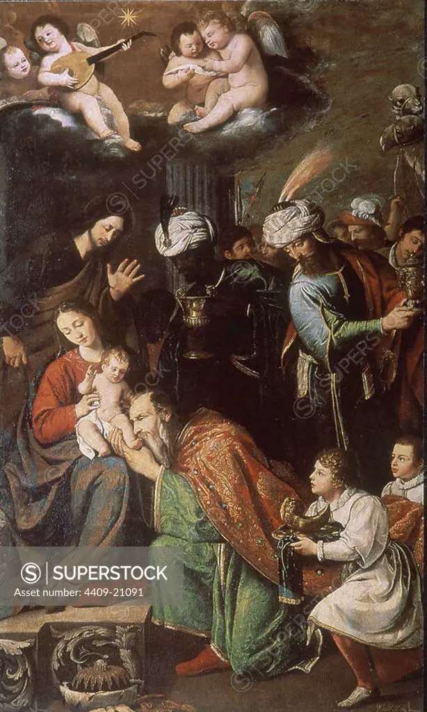 'Adoration of the Magi', 1631, Spanish Baroque, Oil on canvas, 272,5 cm x 170,6 cm, P07623. Author: NUÑEZ DEL VALLE PEDRO. Location: MUSEO DEL PRADO-PINTURA. MADRID. SPAIN. CHILD JESUS. VIRGIN MARY. SAN JOSE ESPOSO DE LA VIRGEN MARIA. Melchor. Gaspar. BALTASAR.