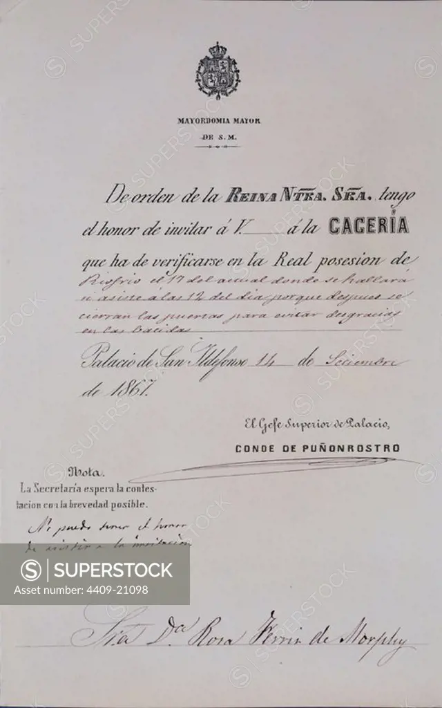 INVITACION A UNA MONTERIA EN RIOFRIO EL 14/9/1867 REINADO DE ISABEL II. Location: PALACIO REAL-BIBLIOTECA. MADRID. SPAIN.