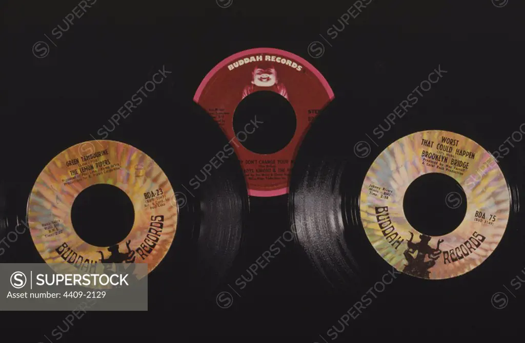 Still life of records. "Motown Vinyl Record".