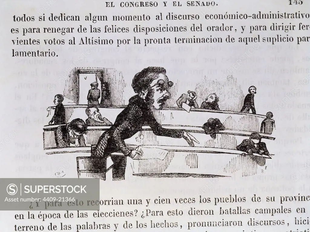 CARICATURA DE UNA SESION PARLAMENTARIA EN EL LIBRO DEL BARON DE PARLA-VERDADES - 1849. Location: BIBLIOTECA NACIONAL-COLECCION. MADRID. SPAIN.