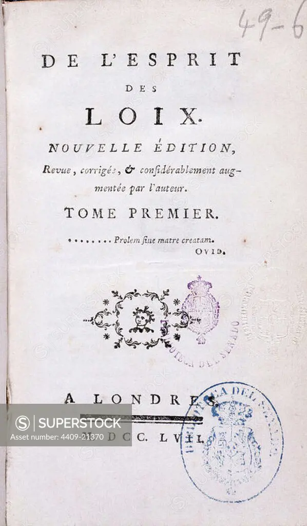 DEL ESPIRITU DE LAS LEYES - 1748 -TOMO I - LONDRES -NUEVA EDICION. Author: Montesquieu. Location: SENADO-BIBLIOTECA-COLECCION. MADRID. SPAIN.
