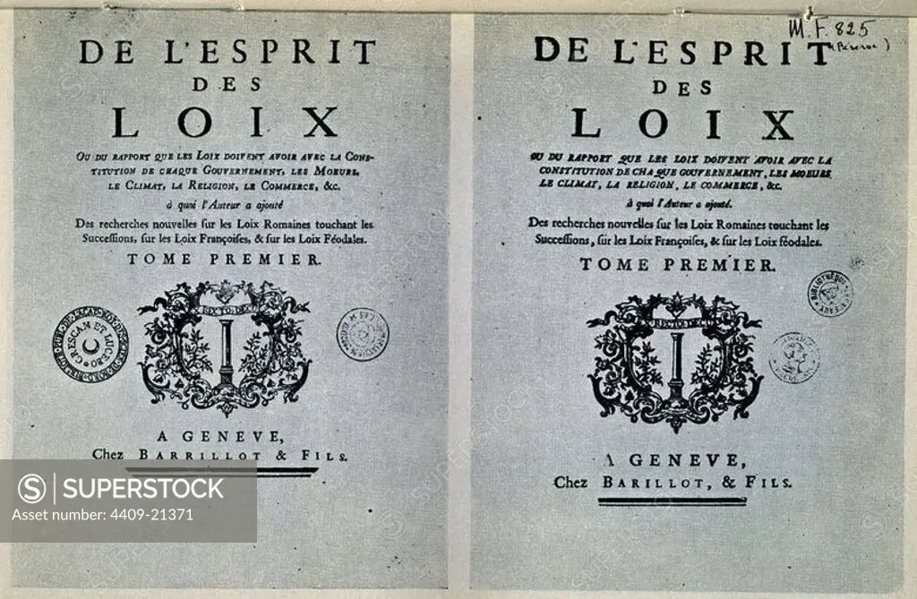 DEL ESPIRITU DE LAS LEYES - 1748 - TOMO PRIMERO. Author: Montesquieu. Location: SENADO-BIBLIOTECA-COLECCION. MADRID. SPAIN.