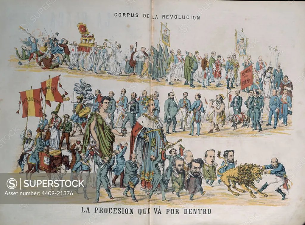CARICATURA: CORPUS DE LA REVOLUCION "PROCESION QUE VA POR DENTRO" - LITOGRAFIA DE LA REVISTA LA FLACA - 1869. Juan Prim y Prats. CONDE DE REUS. GENERAL PRIM. ESPARTERO BALDOMERO GENERAL. SAGASTA PRAXEDES MATEO. DUQUE DE LA TORRE. TOPETE JUAN BAUTISTA. RUIZ ZORRILLA MANUEL. FIGUEROLA LAUREANO. FRANCISCO SERRANO DOMINGUEZ (1810-1885). ADELARDO LOPEZ DE AYALA (1828-1879).