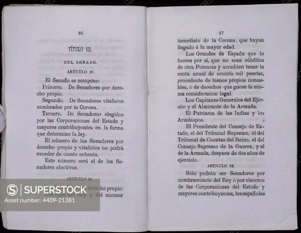 TITULO III DE LA CONSTITUCION DE 1876: NOVEDAD EN LA REGULACION DEL SENADO: SU COMPOSICION TRIPARTITA. Location: SENADO-BIBLIOTECA-COLECCION. MADRID. SPAIN.