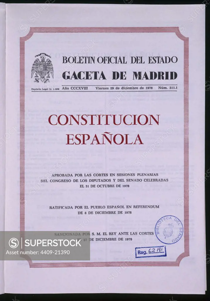 PUBLICACION OFICIAL DE LA CONSTITUCION DE 1978 EN EL B.O.E. Location: SENADO-BIBLIOTECA-COLECCION. MADRID. SPAIN.