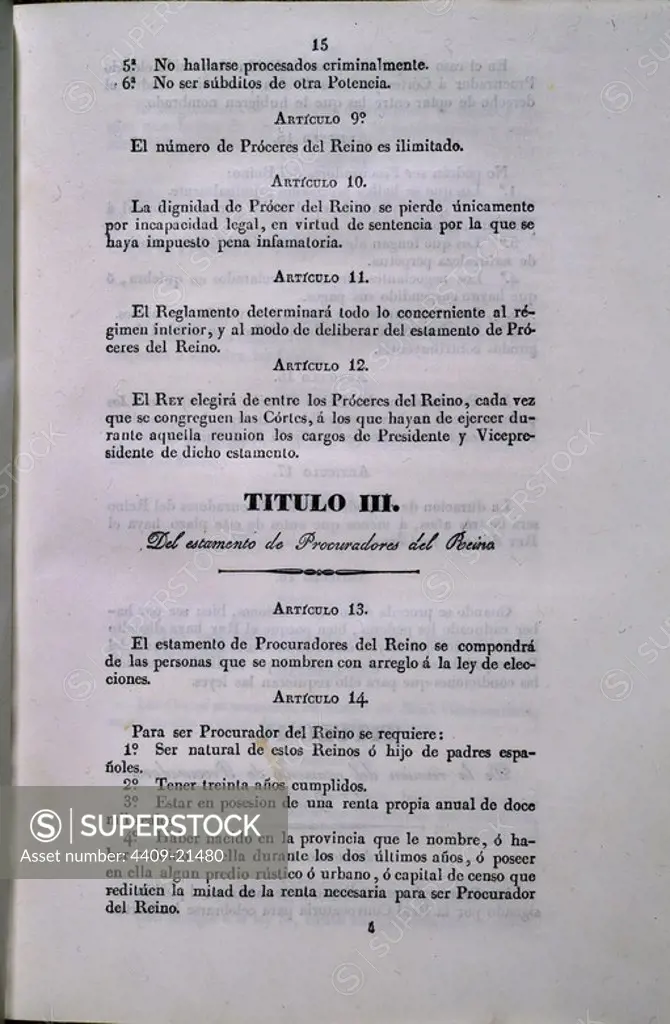 ESTATUTO REAL DE 1834 - TITULO III DEL ESTAMENTO DE PROCURADORES DEL REINO. Location: SENADO-BIBLIOTECA-COLECCION. MADRID. SPAIN.