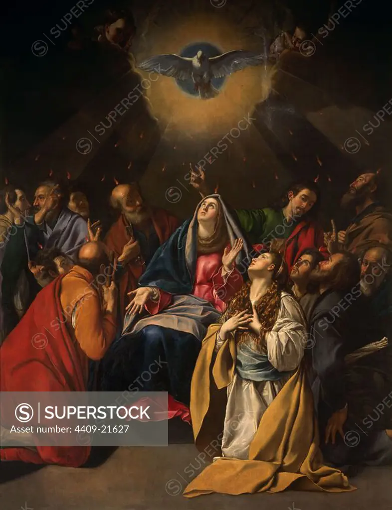 'Pentecost', 1615-1620, Oil on canvas, 324 cm x 246 cm, P03286. Author: FRAY JUAN BAUTISTA MAINO (1581-1649). Location: IGLESIA DE SAN JERONIMO EL REAL. MADRID. SPAIN. MARY MAGDALENE. VIRGIN MARY. ESPIRITU SANTO.