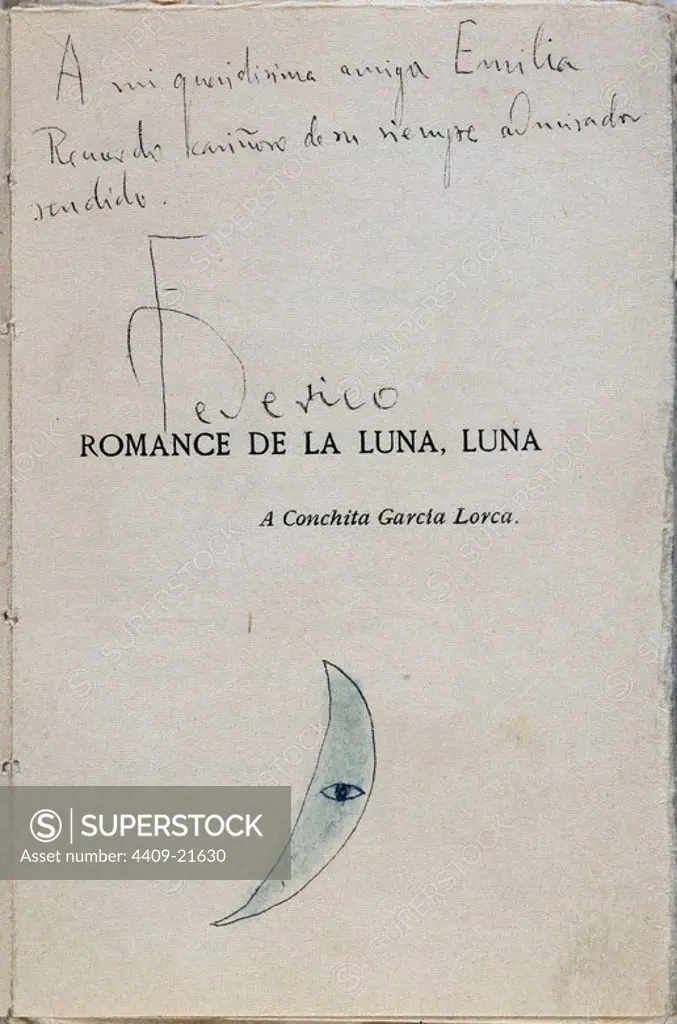 PORTADA DE"ROMANCE DE LA LUNA,LUNA"-CON DEDCATORIA A SU AMIGA EMILIA-. Author: FEDERICO GARCIA LORCA. Location: FUNDACION FEDERICO GARCIA LORCA. MADRID. SPAIN.