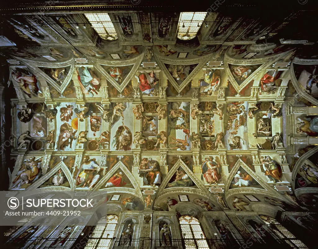 BOVEDA 1508-1521 - 9 ESCENAS DEL GENESIS - DESPUES DE LA RESTAURACION. Author: Michelangelo. Location: MUSEOS VATICANOS-CAPILLA SIXTINA. VATICANO.