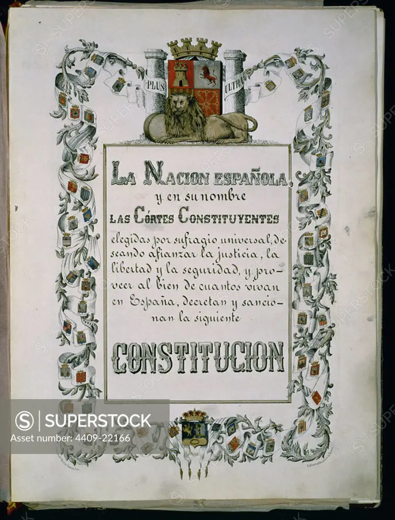 PORTADA DE LA CONSTITUCION DE 1869 - CONSTITUCION QUE MANTENIA LA FORMA MONARQUICA DEL ESTADO Y EL SISTEMA BICAMERAL. Location: CONGRESO DE LOS DIPUTADOS-BIBLIOTECA. MADRID. SPAIN.