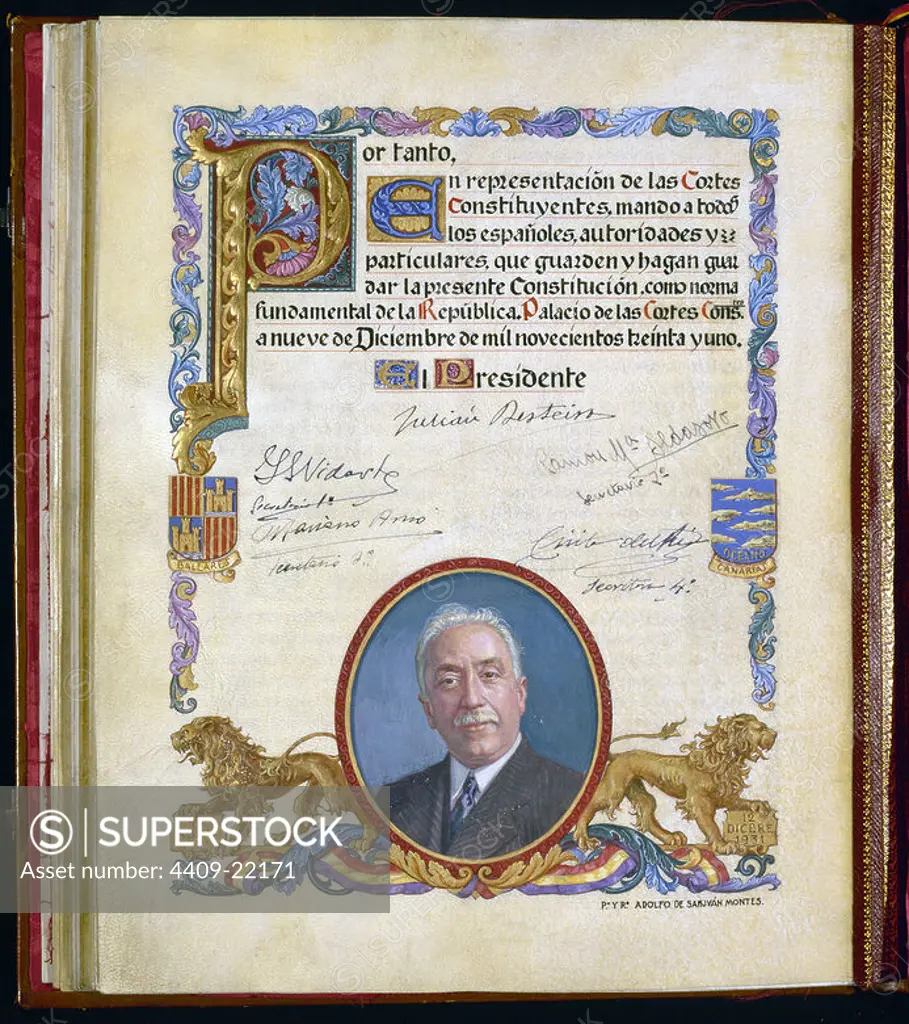 ULTIMA PAGINA DE LA CONSTITUCION DE 1931 CON LAS FIRMAS DE LA MESA DE LAS CORTES Y EL RETRATO DE ALCALA ZAMORA. Location: CONGRESO DE LOS DIPUTADOS-BIBLIOTECA. MADRID. SPAIN. ALCALA ZAMORA NICETO.