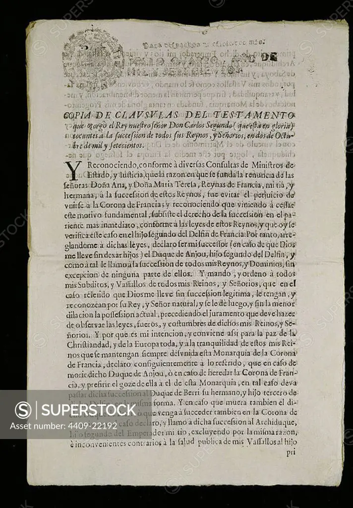 TESTAMENTO DE CARLOS II OTORGADO EN 2 DE OCTUBRE DE 1700 - CORTES DE CASTILLA. Location: CONGRESO DE LOS DIPUTADOS-BIBLIOTECA. MADRID. SPAIN.
