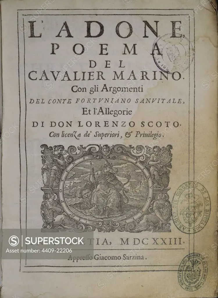 PORTADA "L'ADONE" VENECIA 1623 - ARGUMENTO DEL CONDE FORTUNIANO SANVITALE Y ALEGORIA DE SCOTO. Author: MARINO GIAMBATTISTA. Location: CONGRESO DE LOS DIPUTADOS-BIBLIOTECA. MADRID. SPAIN. Adonis.