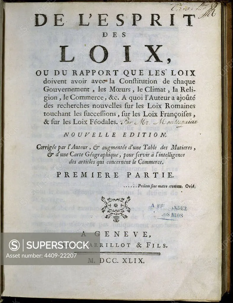 Front page of 'L'Esprit des Loix' written by Montesquieu.. 1749. Madrid, Deputy congress library. Author: Montesquieu. Location: CONGRESO DE LOS DIPUTADOS-BIBLIOTECA. MADRID. SPAIN.