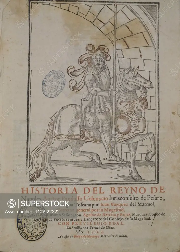 PORTADA "HISTORIA DEL REYNO DE NAPOLES" TRADUCIDO DE LENGUA TOSCANA POR JUAN VAZQUEZ - SEVILLA - EDICION DE 1584. Author: COLLENUCCIO PANDOLFO. Location: CONGRESO DE LOS DIPUTADOS-BIBLIOTECA. MADRID. SPAIN.