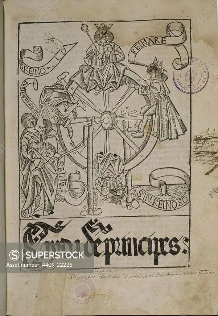 PORTADA "CAIDA DE PRINCIPES" - TOLEDO - 1511. Author: GIOVANNI BOCCACCIO (1313-1375). Location: CONGRESO DE LOS DIPUTADOS-BIBLIOTECA. MADRID. SPAIN.