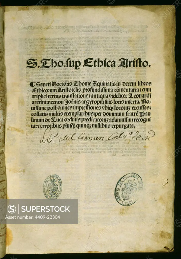 IN X LIBROS ETHICORUM ARISTOTELIS - VENECIA, LUCANTONIUS DE GIUNTA - 1519. Author: SAINT THOMAS AQUINAS. Location: CONGRESO DE LOS DIPUTADOS-BIBLIOTECA. MADRID. SPAIN.