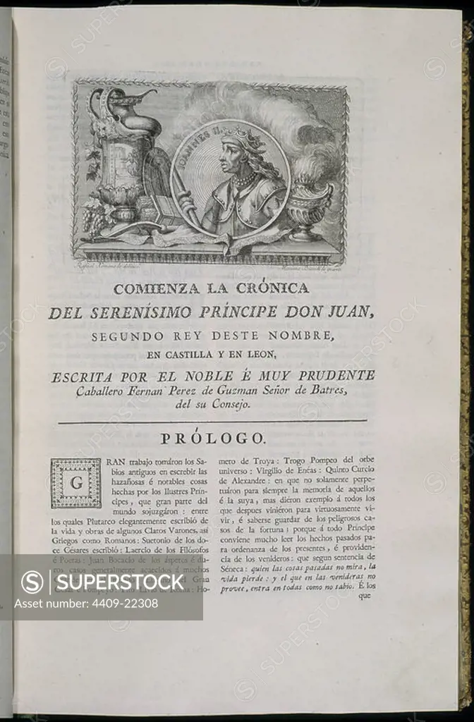 CRONICA DEL SERENISIMO PRINCIPE DON JUAN (REY JUAN II DE CASTILLA-LEON) - SIGLO XV - PAGINA 23. Author: PEREZ DE GUZMAN FERNAN. Location: CONGRESO DE LOS DIPUTADOS-BIBLIOTECA. MADRID. SPAIN. JOHN II OF CASTILE. ISABEL LA CATOLICA PADRE DE.