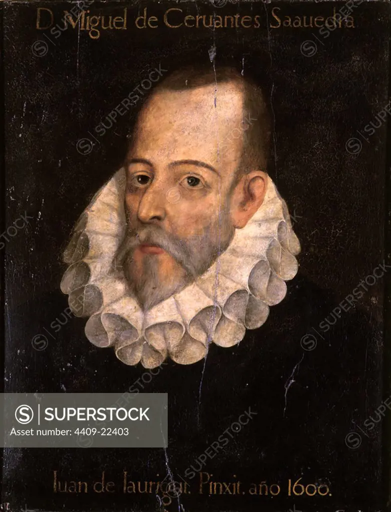 'Portrait of Miguel de Cervantes y Saavedra', 1600, Oil on panel. Author: JUAN DE JAUREGUI. Location: ACADEMIA DE LA LENGUA-COLECCION. MADRID. SPAIN. MIGUEL DE CERVANTES SAAVEDRA (1547-1616).