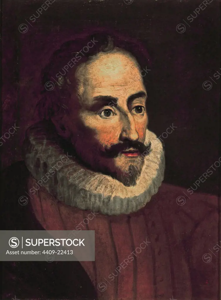 Miguel de Cervantes (1547-1616), dramatist and novelist. Miguel de Cervantes Saavedra (1547-1616), dramaturgo y novelista. Oil on canvas. Madrid, Language academy. Author: ARCO ALONSO DEL. Location: ACADEMIA DE LA LENGUA-COLECCION. MADRID. SPAIN.