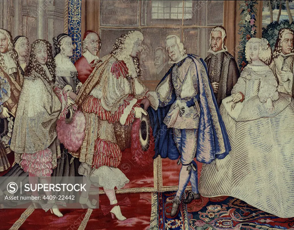 Tapestry. Louis XIV and Philip IV Ratifying the Marriage of Louis XIV and of Infanta Maria Teresa. Madrid, French Embassy. Author: Charles Le Brun (1619-1690). Location: FRENCH EMBASSY. MADRID. SPAIN. JULES MAZARIN. FELIPE DE ORLEANS. NAVAILLES MADAME DE. FELIPE IV REY DE ESPAÑA. LUIS MENDEZ DE HARO Y GUZMAN (1598-1661). LUIS XIV DE FRANCIA (1643-1715) EL REY SOL. MARIA TERESA DE AUSTRIA (1638-1683). PASRO DE ARAGON (CAPITAN GUARDIA BORGOÑA). HENRI DE LA TOUR AUVERGNE VIZCONDE TURENNE.
