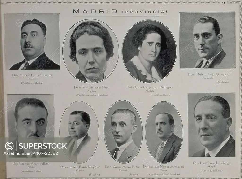 PORTRAITS OF REPUBLICAN AND SOCIALIST DEPUTIES IN 1936. Location: CONGRESO DE LOS DIPUTADOS-BIBLIOTECA. MADRID. KENT VICTORIA. TORRES CAMPAÑA MANUEL. CAMPOAMOR RODRIGUEZ CLARA. ROJO GONZALEZ MARIANO. ARAUZ PALLARDO EUGENIO. FERNANDEZ QUER ANTONIO. ACERO PEREZ AMOS. MARTIN DE ANTONIO JOSE LUIS. FERNANDEZ CLERIGO LUIS. CAMPOAMOR CLARA.