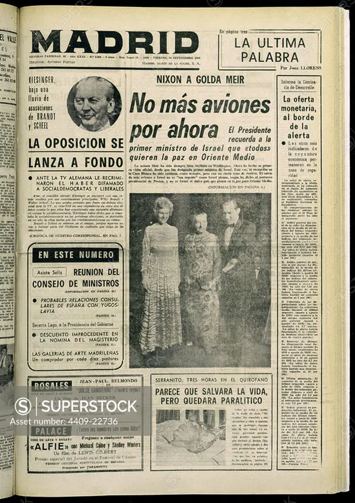 PORTADA DEL DIARIO MADRID - 26/9/1969. Location: HEMEROTECA MUNICIPAL. SPAIN. RICHARD NIXON. KURT GEORG KIESINGER. GOLDA MEIR. SERRANITO.