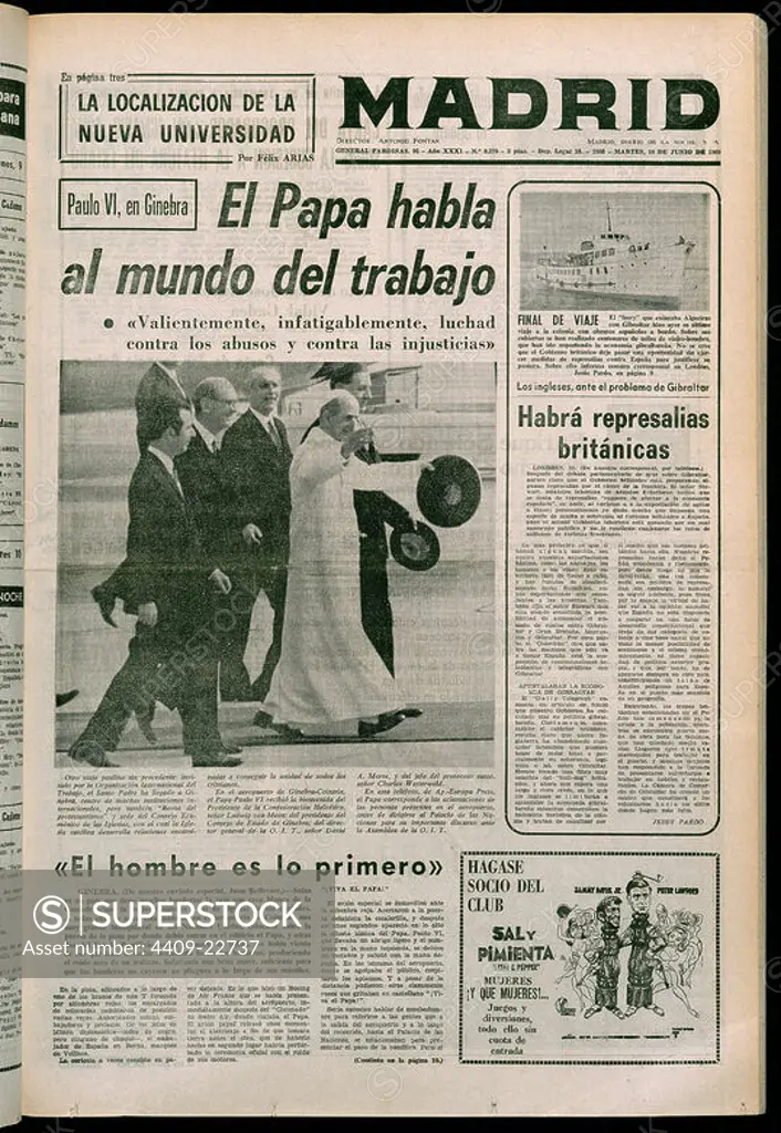 PORTADA DEL DIARIO MADRID - 10/6/1969. Location: HEMEROTECA MUNICIPAL. SPAIN. PAUL VI POPE.