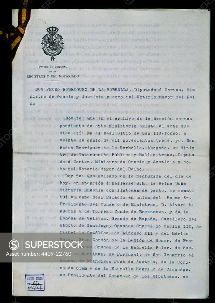 TESTIMONIO DEL ACTA DE PRESENTACION Y OFICIO DE REMISION DEL MINISTERIO DE GRACIA Y JUSTICIA - 1913. Location: SENADO-BIBLIOTECA-COLECCION. MADRID.