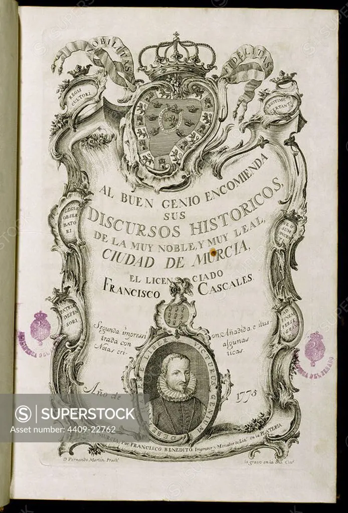 REIMPRESION DE LOS DISCURSOS HISTORICOS DE LA CIUDAD DE MURCIA - 1775. Author: CASCALES FRANCISCO. Location: SENADO-BIBLIOTECA-COLECCION. MADRID. SPAIN.