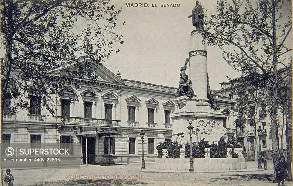 POSTAL - FACHADA DEL SENADO CON MARQUESINA Y MONUMENTO A CANOVAS DEL CASTILLO. Location: MUSEO DE HISTORIA-FOTOGRAFIAS. MADRID. SPAIN. ANTONIO CANOVAS DEL CASTILLO (1828-1897).