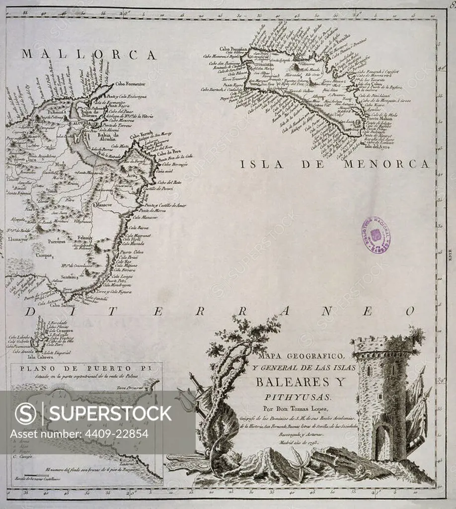 MAPA GEOGRAFICO Y GENERAL DE LAS ISLAS BALEARES Y PITHYUSAS - 1793. Author: LOPEZ TOMAS. Location: BIBLIOTECA NACIONAL-COLECCION. MADRID. SPAIN.