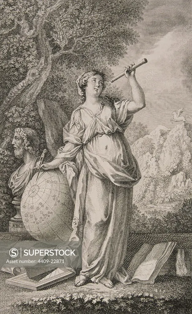 URANIA, ASTRONOMY MUSE - ENGRAVING MADE BY MORENO TEXADA - 19TH CENTURY. Author: LUIS PARET Y ALCAZAR (1746-1799). Location: PRIVATE COLLECTION. MADRID. SPAIN.