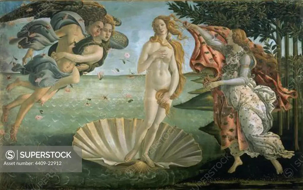 The Birth of Venus - ca. 1485 - 172'5x278'5 cm - tempera on canvas - restored. Author: BOTTICELLI, SANDRO. Location: GALERIA DE LOS UFFIZI, FLORENZ. Also known as: EL NACIMIENTO DE VENUS.