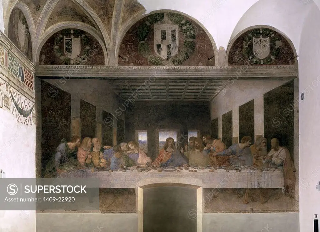 Italian school. The Last Supper (after restoration). 1495-1497. Fresco (480 x 880 cm). Milan, Santa Maria delle Grazie, refectory. Author: LEONARDO DA VINCI. Location: SANTA MARIA DELLE GRAZIE. Milan. ITALIA. JESUS. JUDAS ISCARIOTE (3 ac-30 dc).