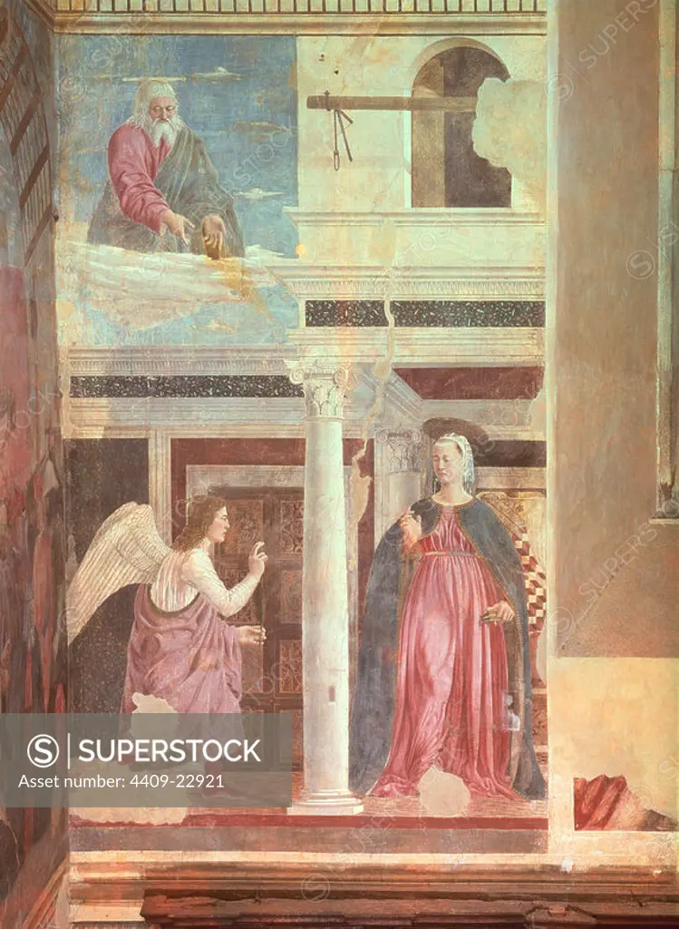Annunciation, from the True Cross Cycle - 1464 - 329x193 cm - fresco. Author: PIERO DELLA FRANCESCA (1420/92). Location: IGLESIA DE SAN FRANCISCO. Arezzo. ITALIA. VIRGIN MARY. DIOS PADRE. SAN GABRIEL ARCANGEL / ARCANGEL SAN GABRIEL.