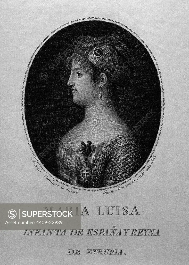 'Portrait of Maria Luisa of Spain, Queen of Etruria', 1803, Cooper/Intaglio, 17,5 x 13,2 cm, Engraving by Juan Brunetti. Author: Antonio Carnicero Mancio. Location: MUSEO DE HISTORIA-GRABADOS BLANCO Y NEGRO. MADRID. SPAIN. MARIA LUISA JOSEFINA DE BORBON. INFANTA MARIA LUISA. FERNANDO VII HERMANA. MARIA LUISA. REINA DE ETRURIA.