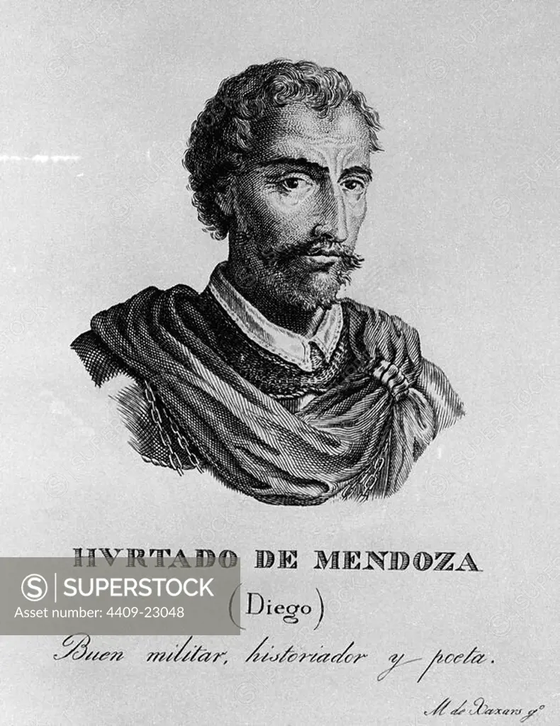 DIEGO HURTADO DE MENDOZA (1503/1575) - MILITAR HISTORIADOR Y POETA ESPAÑOL. Author: ESTEBAN MAS DE XAXARS (1801-1900) CALCOGRAFO. Location: BIBLIOTECA NACIONAL-COLECCION. MADRID. SPAIN.