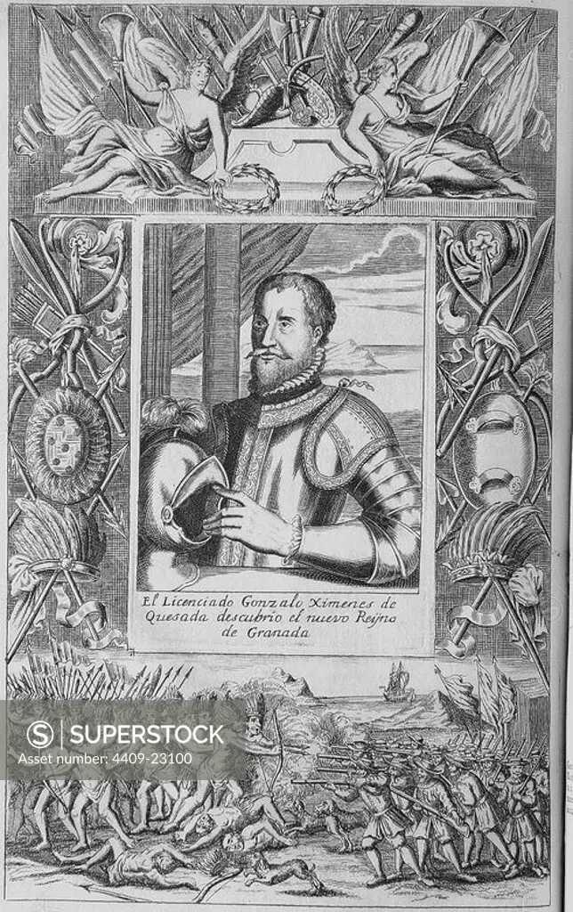 GONZALO JIMENEZ DE QUESADA - 1509/1579 - ABOGADO LITERATO Y CONQUISTADOR - PORTADA DE HISTORIA GENERAL DE LOS HECHOS DE LOS CASTELLANOS. Author: HERRERA Y TORDESILLAS ANTONIO. Location: BIBLIOTECA NACIONAL-COLECCION. MADRID. SPAIN.