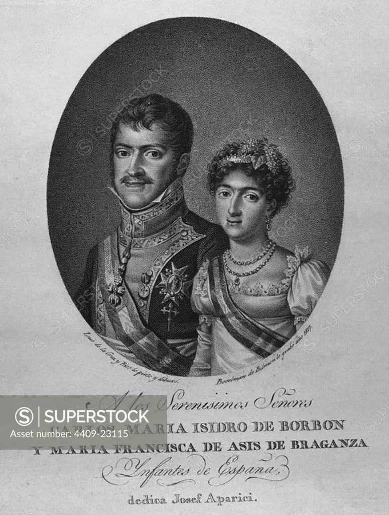 CARLOS MARIA ISIDRO DE BORBON Y MARIA FRANCISCA DE ASIS DE BRAGANZA INFANTES DE ESPAÑA. Author: LUIS DE LA CRUZ Y RIOS. Location: MUSEO DE HISTORIA-GRABADOS BLANCO Y NEGRO. MADRID. SPAIN. CARLOS MARIA ISIDRO. BORBON CARLOS MARIA ISIDRO. Infanta Maria Francisca of Portugal. BORBON CARLOS MARIA ISIDRO ESPOSA.