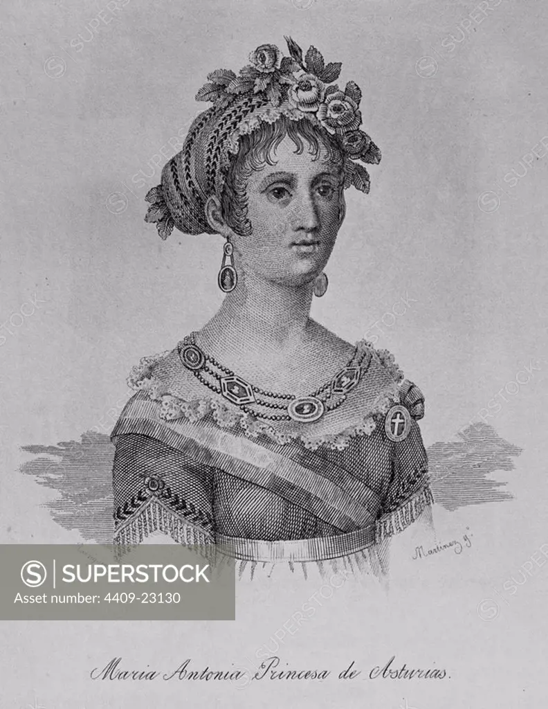 Marie Antoinette of Bourbon (1784-1806), Princess of Asturias. Engraving. 19th century. Author: Rodriguez. BORBON MARIA ANTONIA REINA ESPAÑA. MARIA ANTONIA REINA ESPAÑA. FERNANDO VII ESPOSA. MARIA ANTONIA FERNANDA DE BORBON. Maria Antonia of Naples and Sicily.