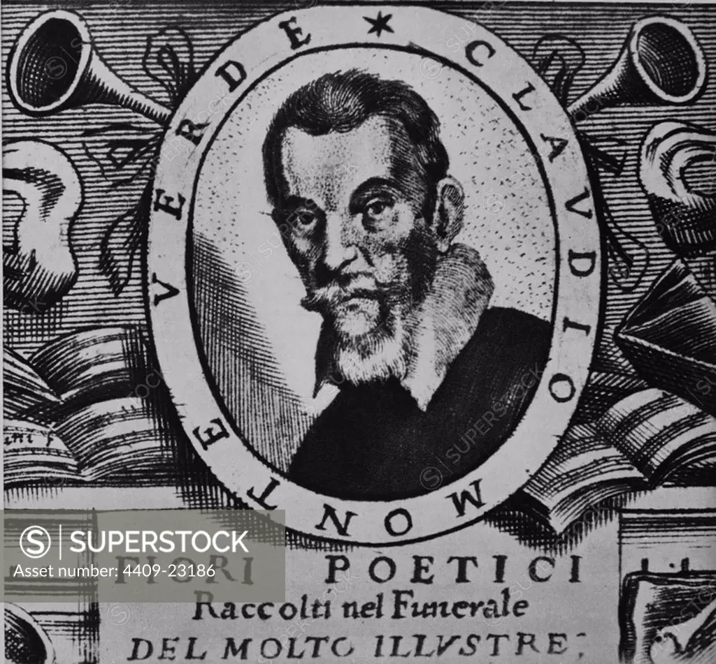FIORI POETICI RACCOLTI NEL FUNERALE DEL MOLTO ILLUSTRE, E MOLTO REVERNEDO SIGNOR CLAUDIO MONTEVERDE (1567-1643) - GRABADO - 1644. Author: MILOCO FRANCESCO. Location: BIBLIOTECA MARCIANA O DE SAN MARCOS. Venedig. ITALIA. CLAUDIO MONTEVERDI.
